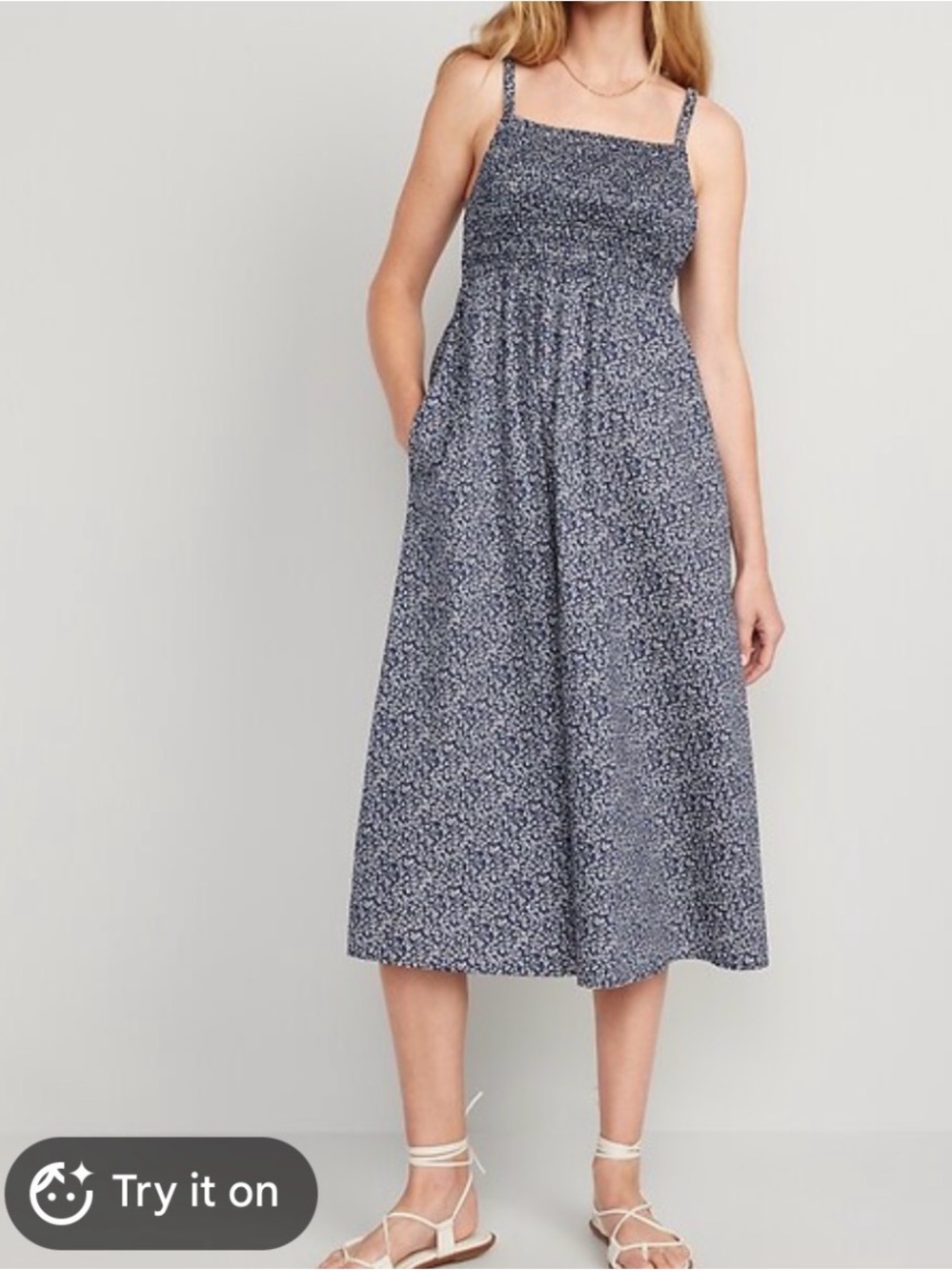 Old Navy Smocked Midi Dress Med Blue Floral Cottagecore Cutout Poplin Backless